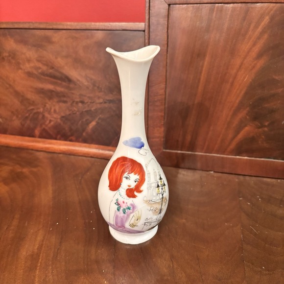 Vintage Enesco Femme Faire Hand Painted Girl Vases Pair Mid Century 6" - Picture 4 of 11